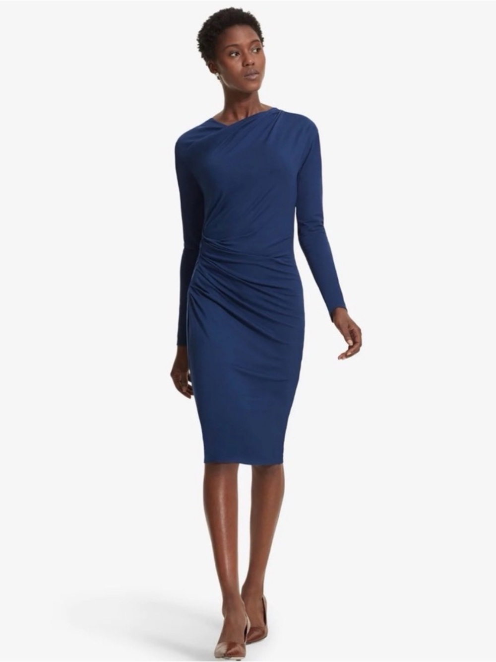MM LaFleur Annabel Dress Navy Blue Asymmetric Drape Work Minimalist Office Fall